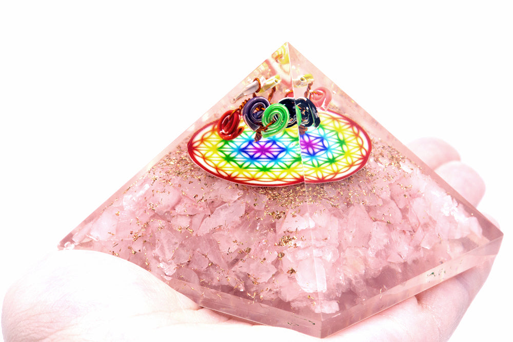 Orgonite Pyramid - Rose Quartz Rainbow Flower of Life - 70 mm
