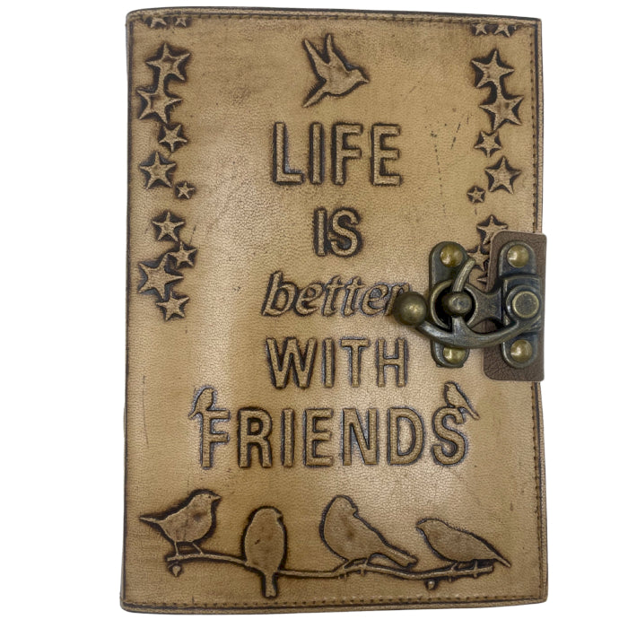 Leather Journel - Plain Paper - Life is Better with Friends (7x5") - Light Tan