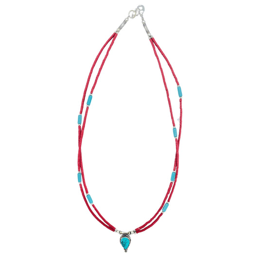Nepalese Extra Fine Two Line Necklace - Pink & Turquoise Pendant