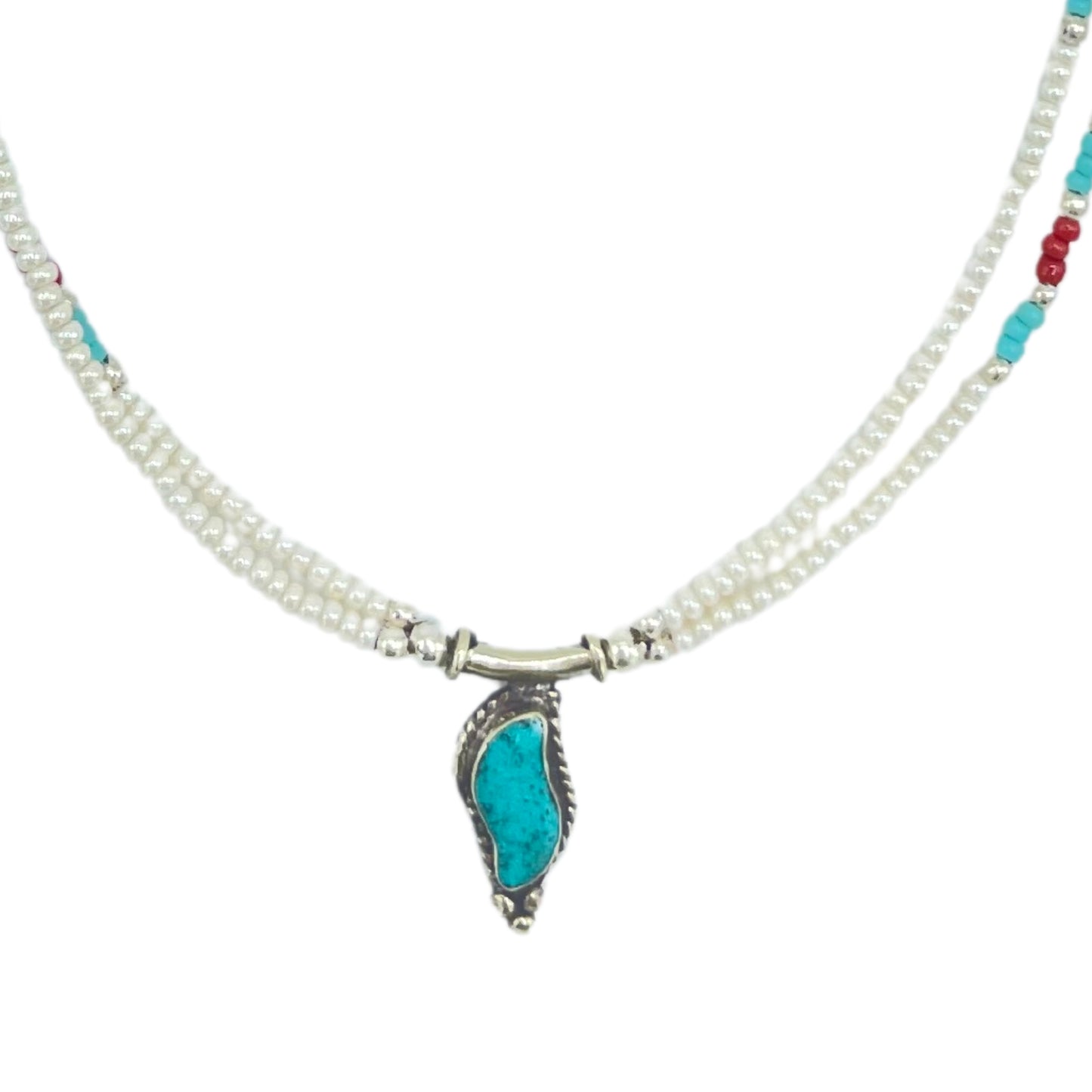 Nepalese Extra Fine Two Line Necklace - Pearl & Turquoise Pendant