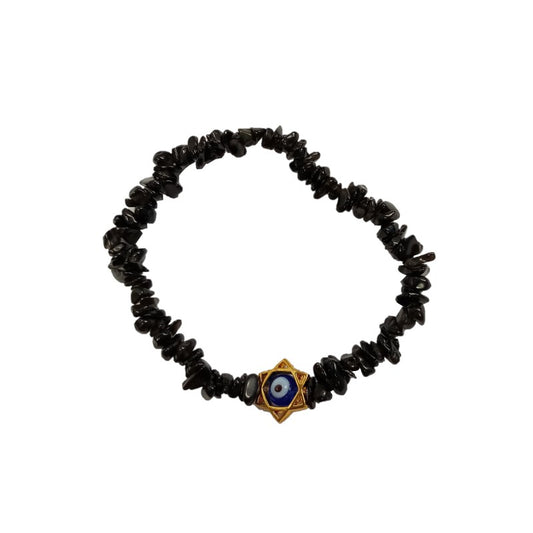Black Obsidian Crystal Chip Bracelet with Gold Star & Turkish Eye