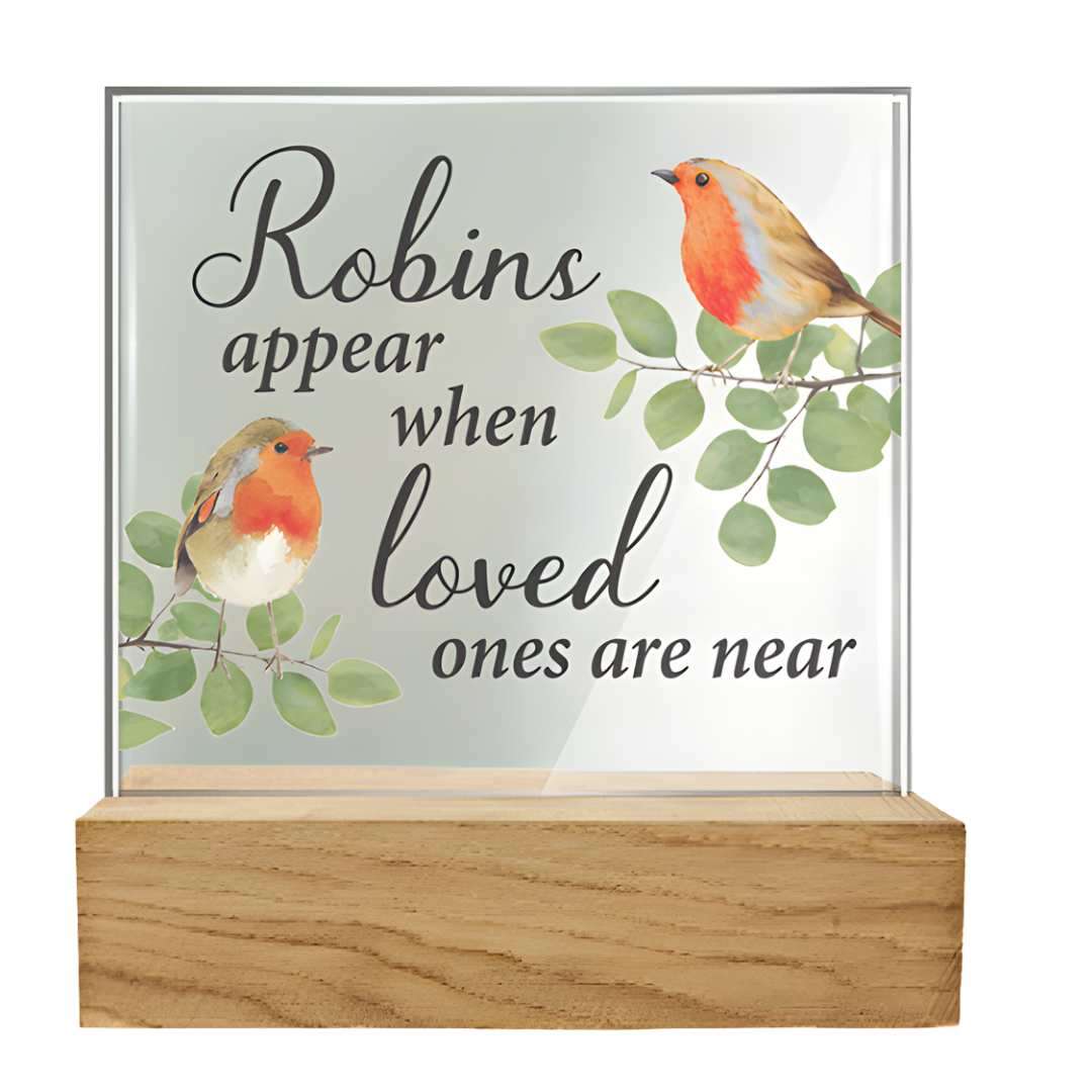 "Robins Appear" Glass Plaque on Wooden Base