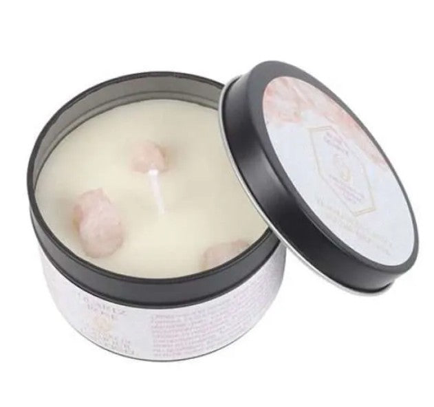Rose & Eucalyptus Tin Candle with Rose Quartz Crystals - 8cm