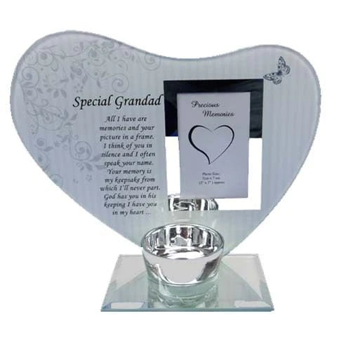 "Grandad" Glass Heart Memorial Frame With Tealight Holder & Inscription