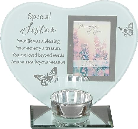 "Sister" Glass Heart Memorial Frame With Tealight Holder & Inscription