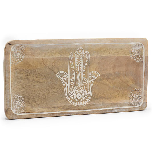 Long Tray 30x15x2.5cm - Hamsa Design Whitewash