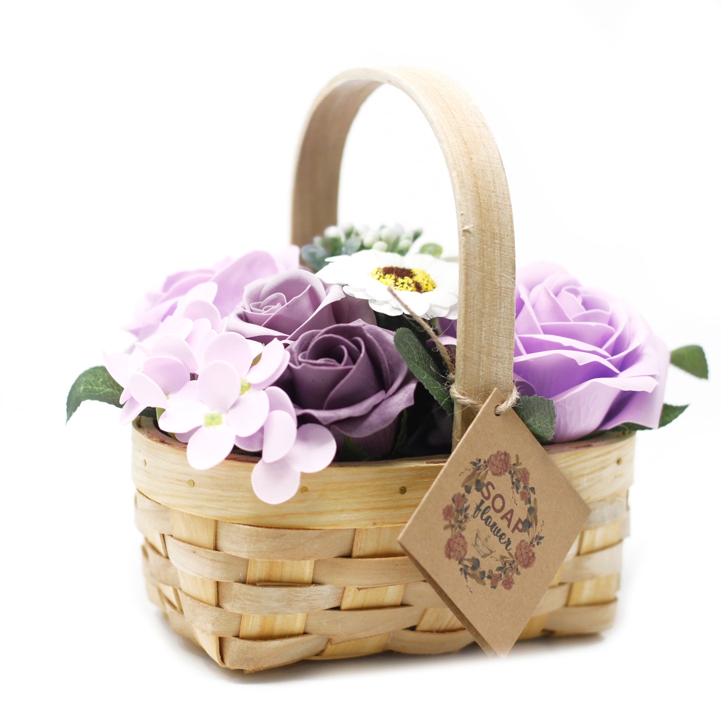 Medium Lilac Soap Bouquet in Wicker Basket