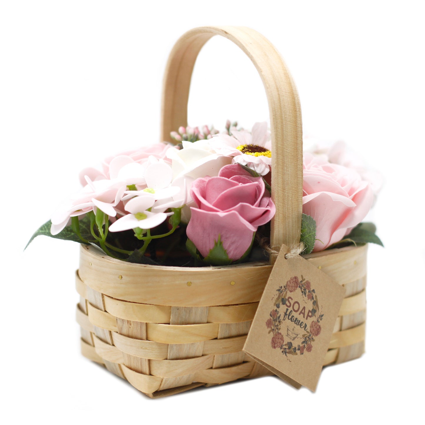 Medium Pink Soap Bouquet in Wicker Basket