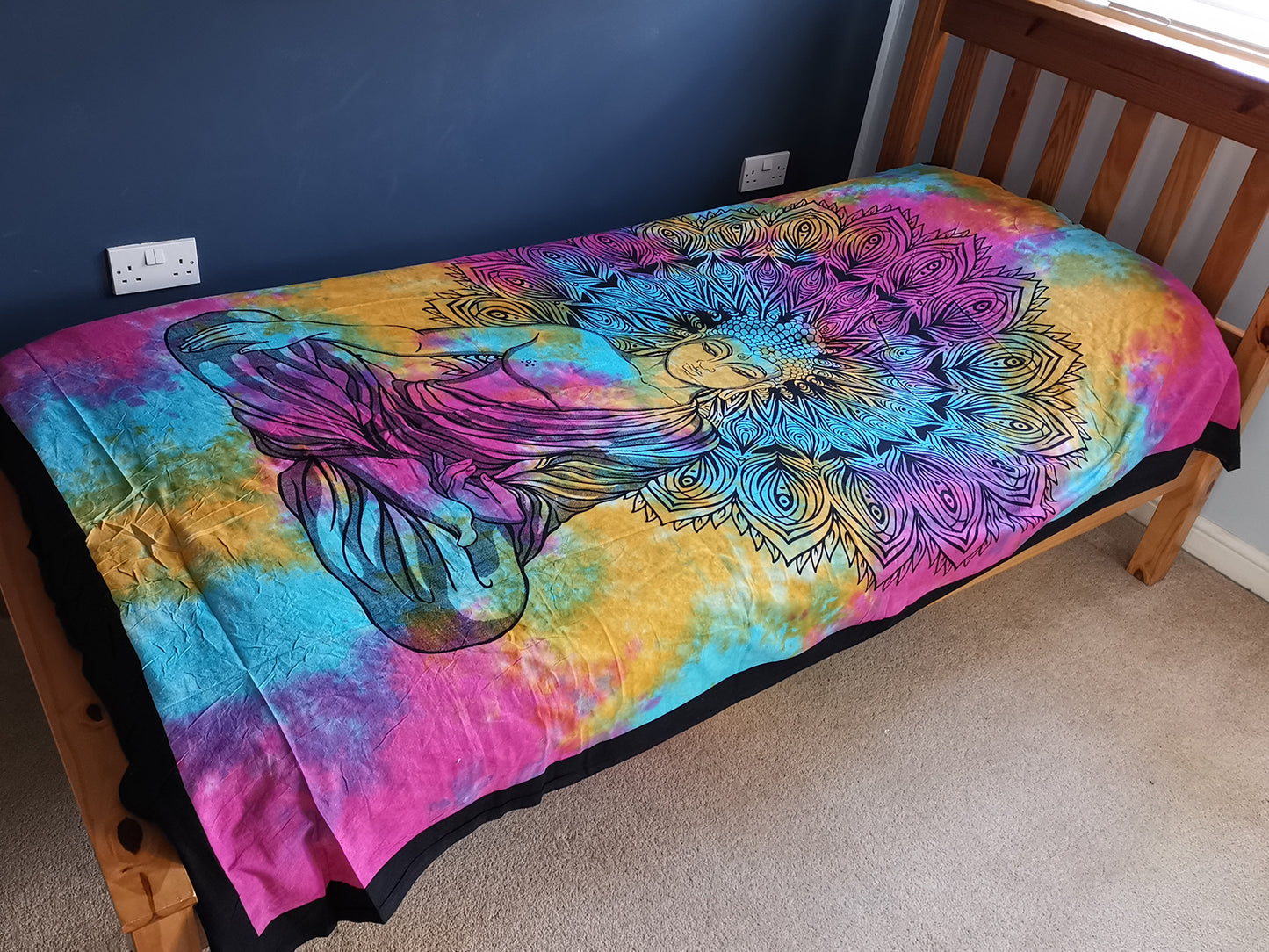 Single Cotton Bedspread + Wall Hanging -  Peaceful Buddha 130cm x 200cm