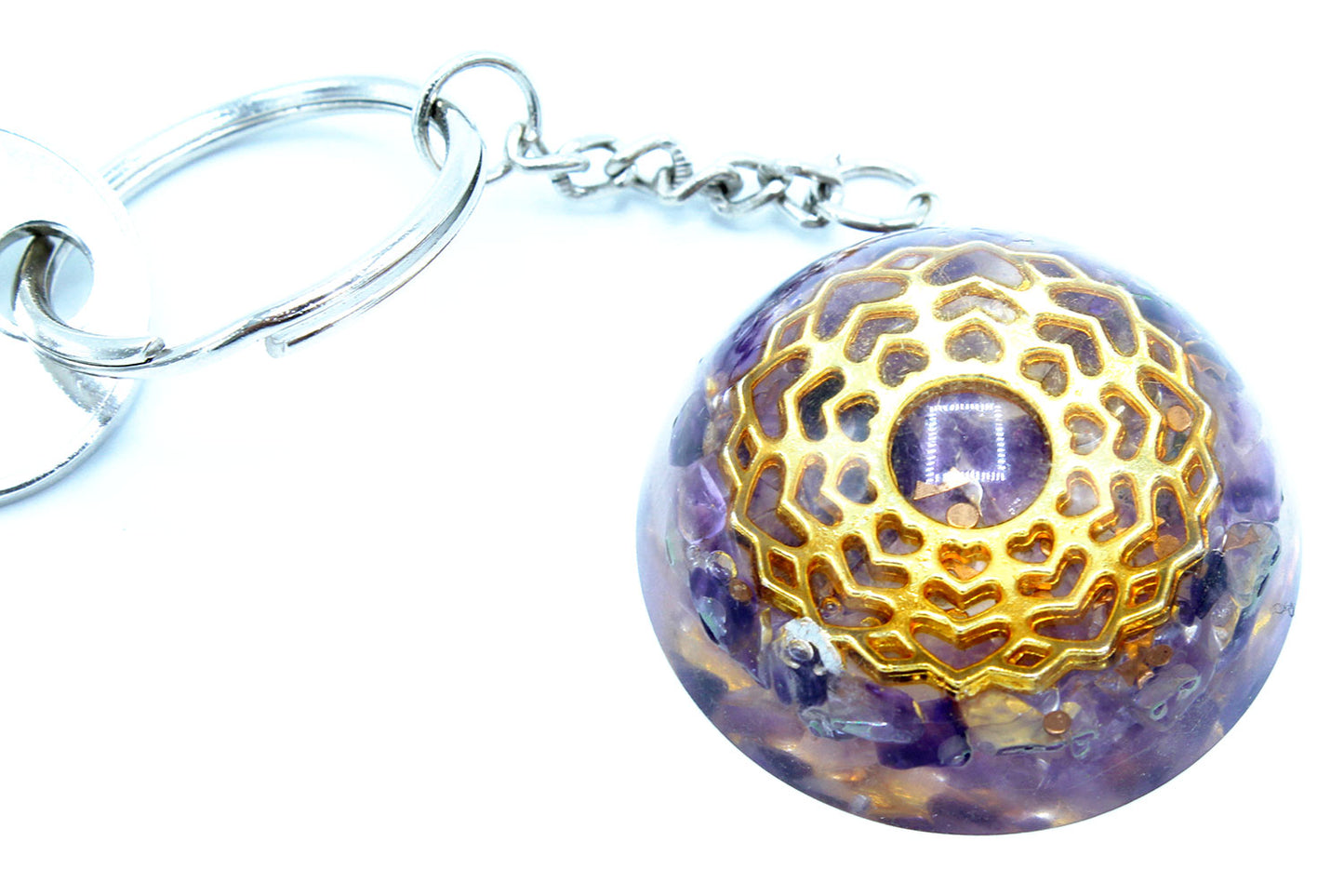 Orgonite Power Keyring - Amethyst Mandala Hearts