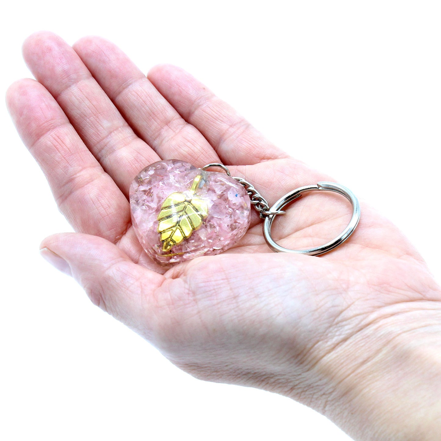 Orgonite Power Keyring - Rose Quartz Heearts Golden Leaf