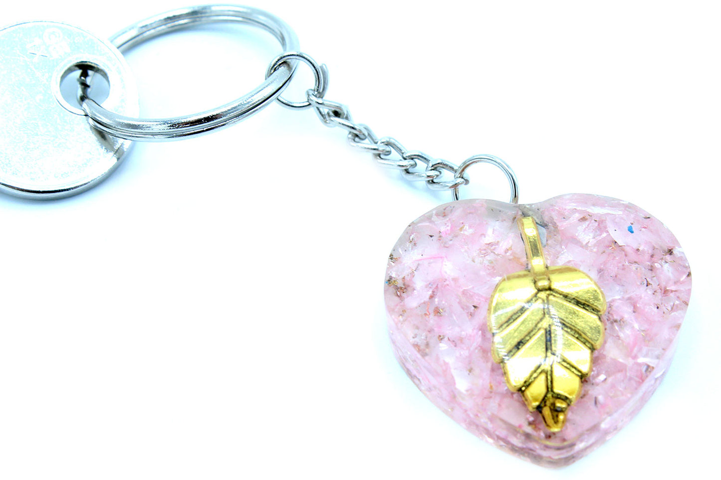 Orgonite Power Keyring - Rose Quartz Heearts Golden Leaf