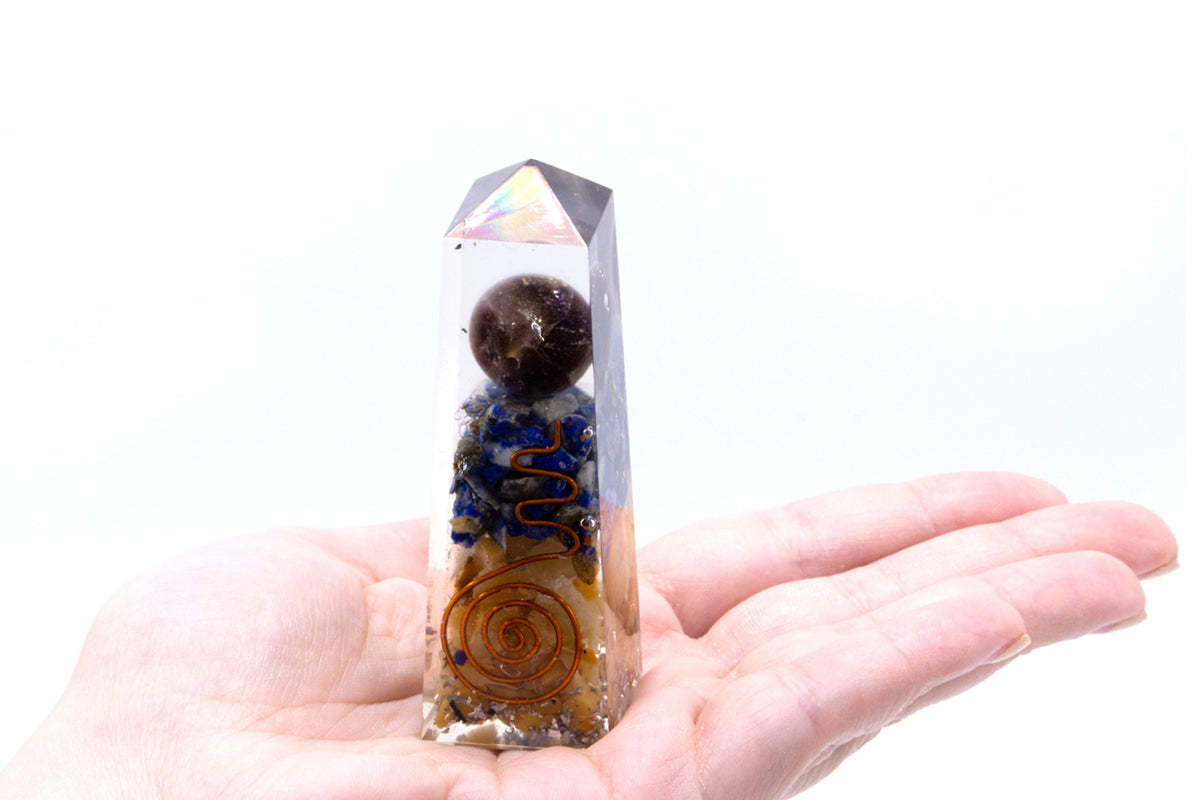 Orgonite Obelisk Power Point Copper, Lapis and Yellow Aventurine - 90x25 mm