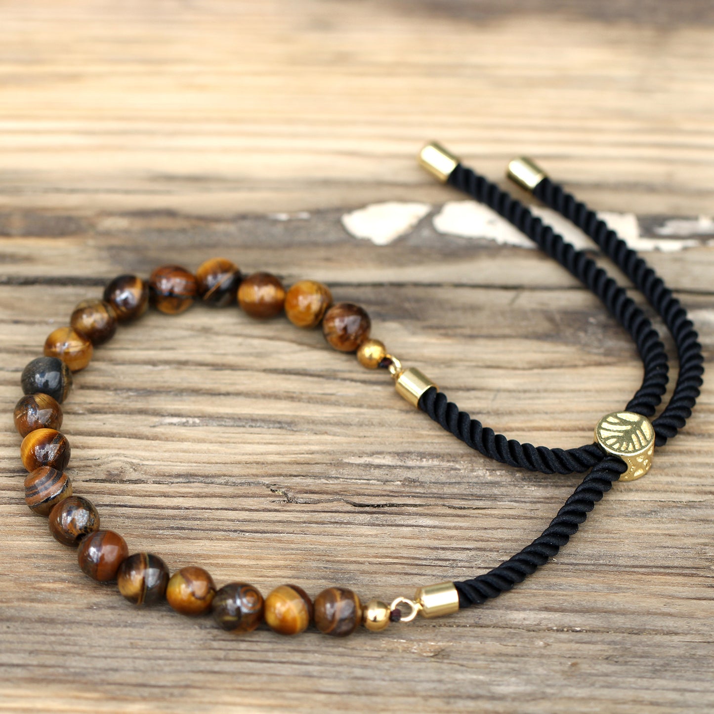 18K Gold Plated Gemstone Black String Bracelet - Tiger Eye