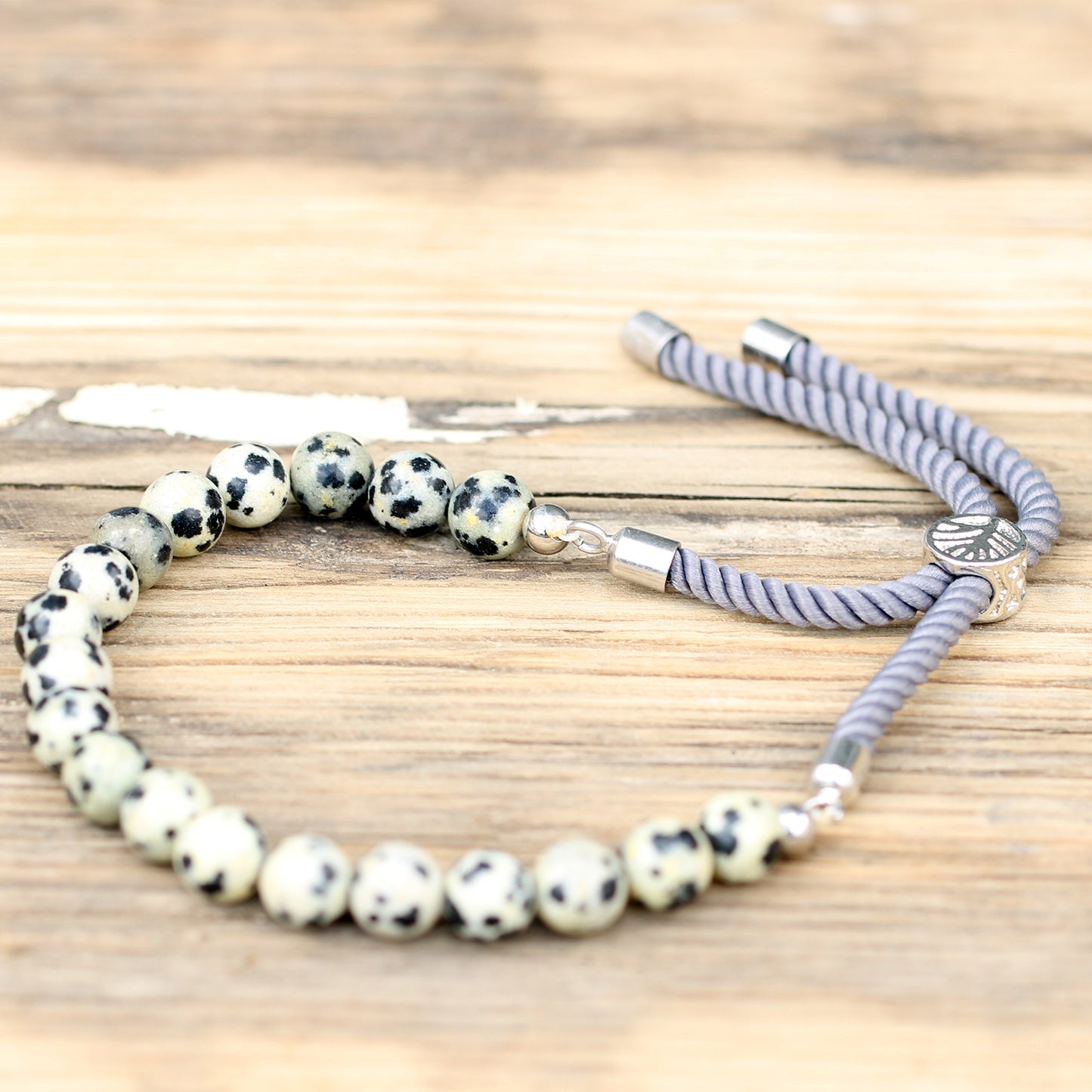 925 Silver Plated Gemstone Charcoal String Bracelet - Dalmation Jasper