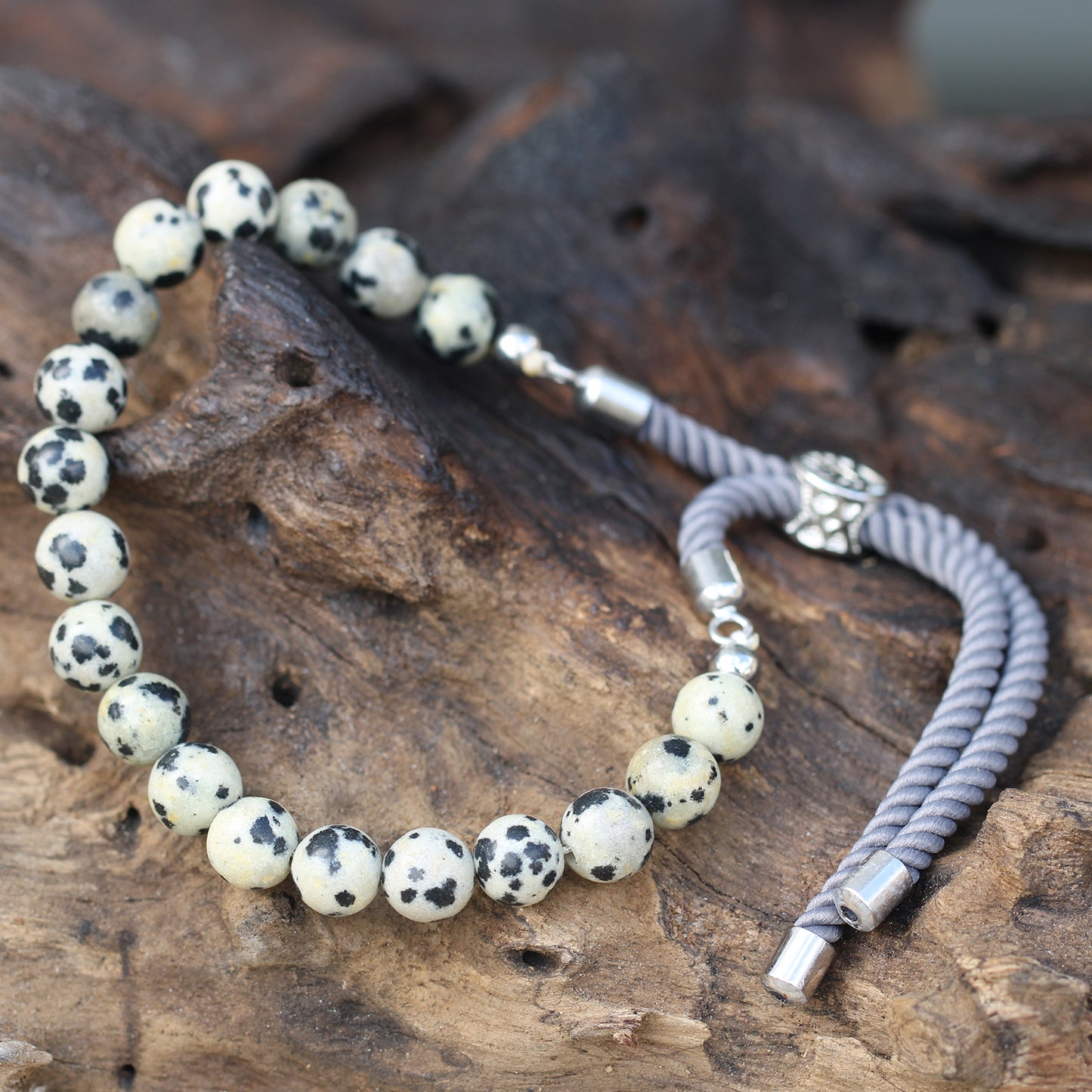 925 Silver Plated Gemstone Charcoal String Bracelet - Dalmation Jasper