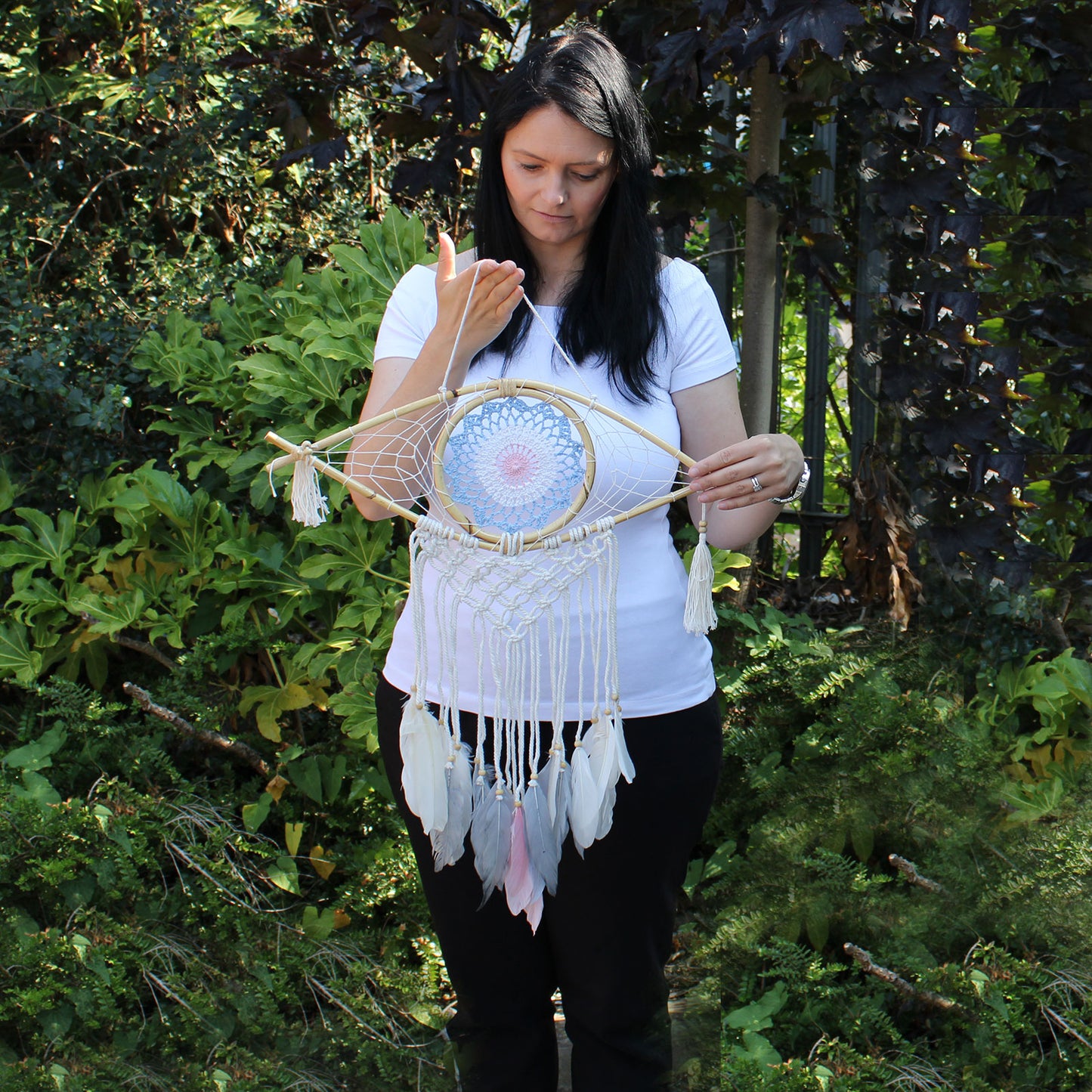 Protection Dream Catcher - Med Macrame Eye White/ Blue/Grey