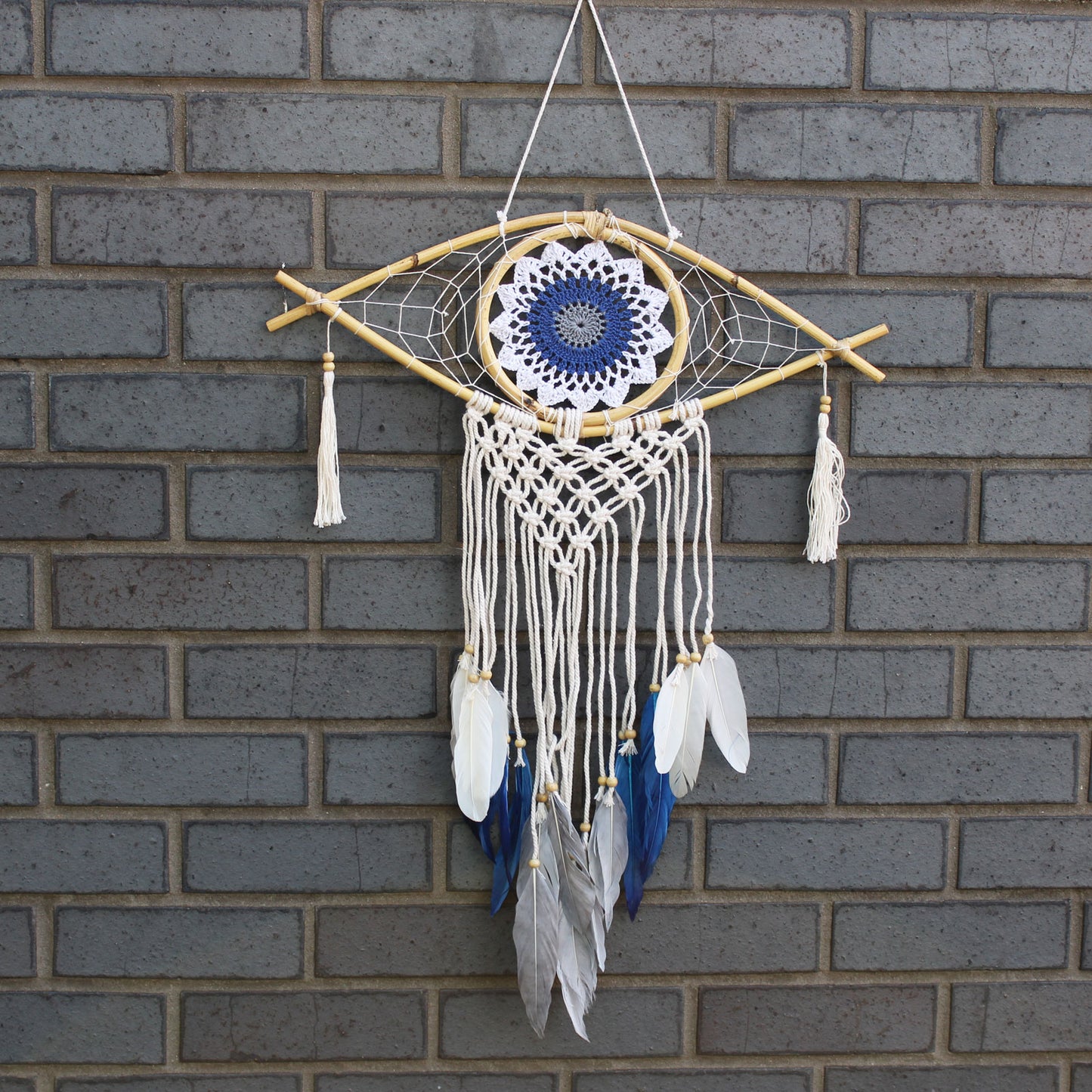 Protection Dream Catcher - Med Macrame Eye White/ Blue/Grey