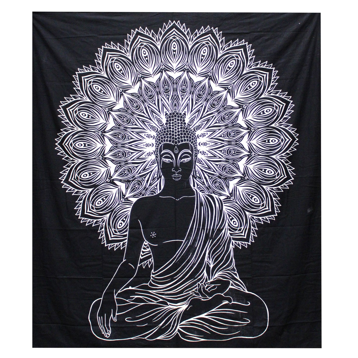 B&W Double Cotton Bedspread + Wall Hanging - Buddha