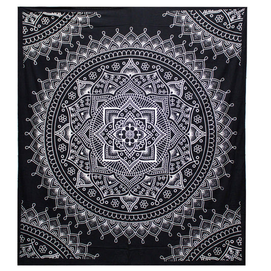 B&W Double Cotton Bedspread + Wall Hanging - Lotus Flower