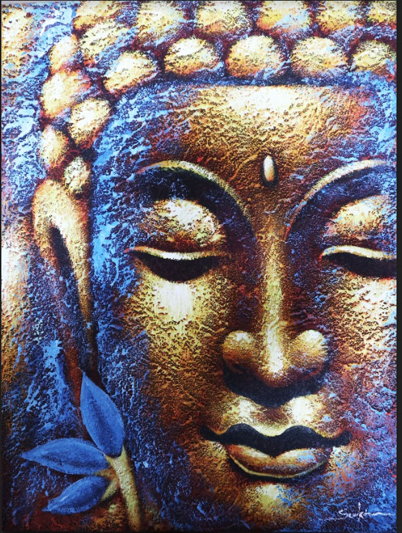 Buddah Painting - Gold Face & Lotus Flower