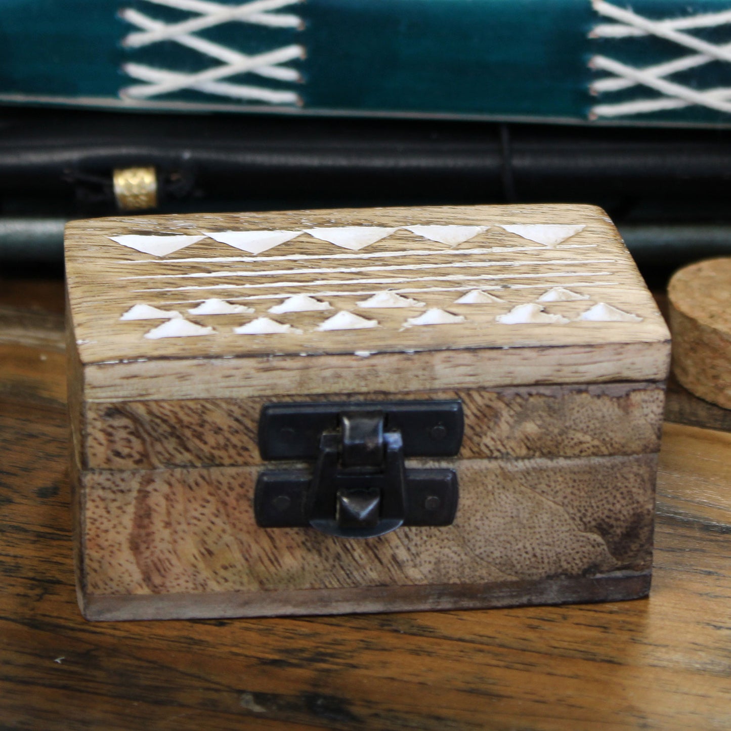 White Washed Wooden Box - 3x1.5 Pill Box Aztec Design