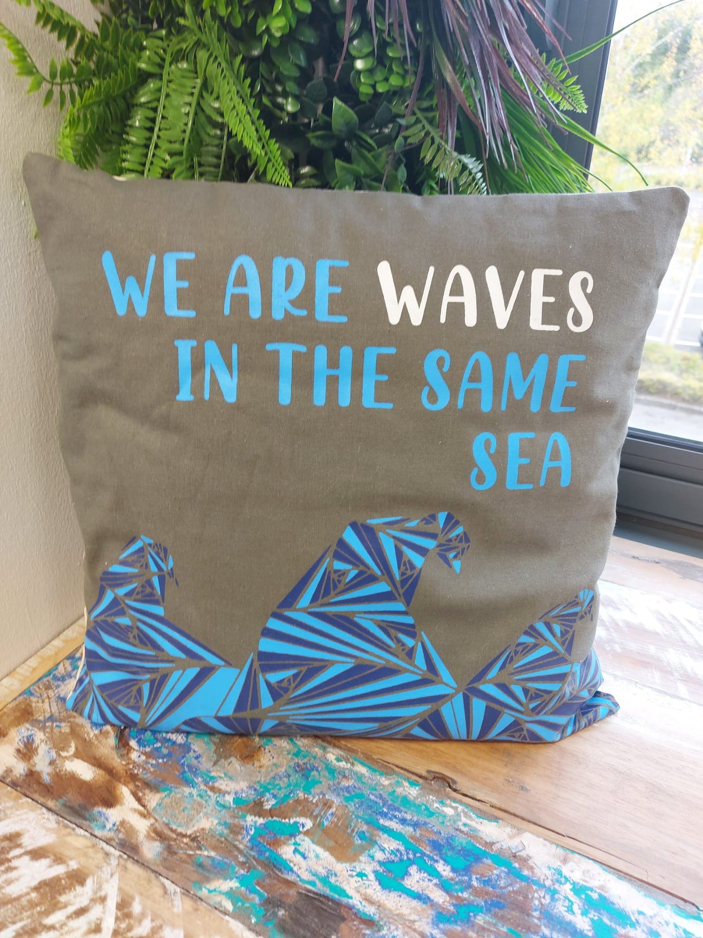 Printed Cotton Cushion Cover - We are Waves - Natural