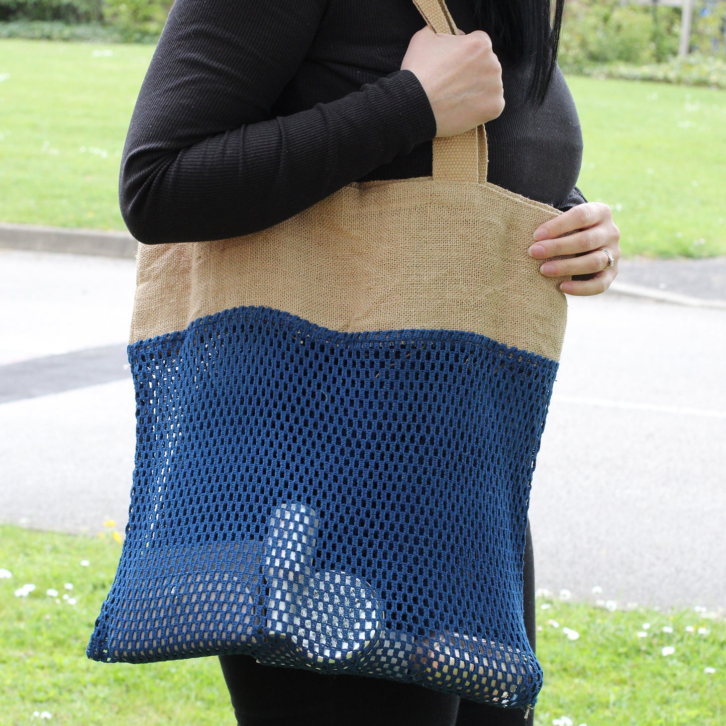 Pure Soft Jute and Cottong Mesh Bag - Denim