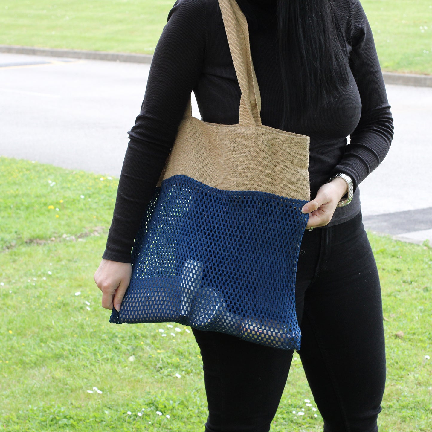 Pure Soft Jute and Cottong Mesh Bag - Denim