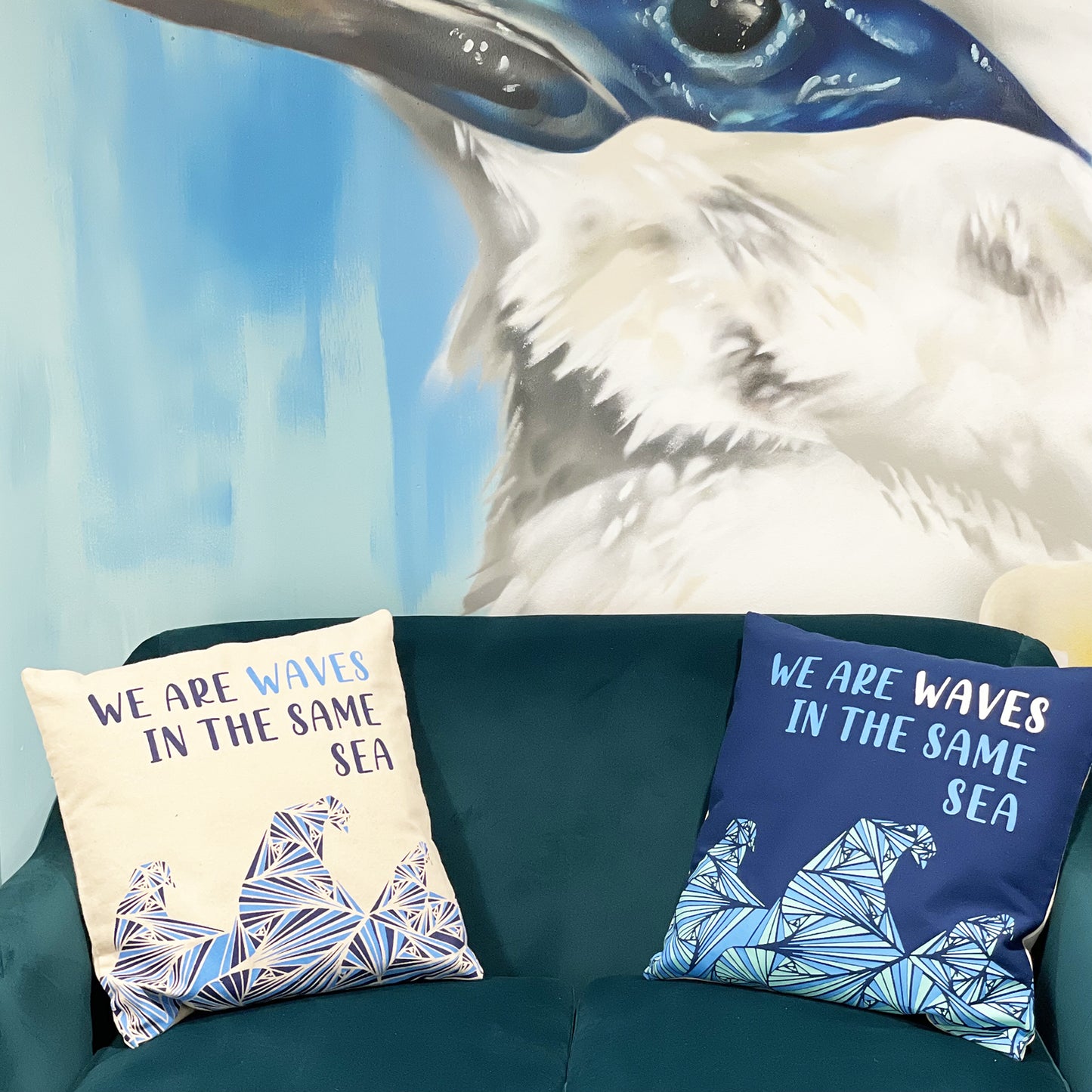 Printed Cotton Cushion Cover - We are Waves - Blue