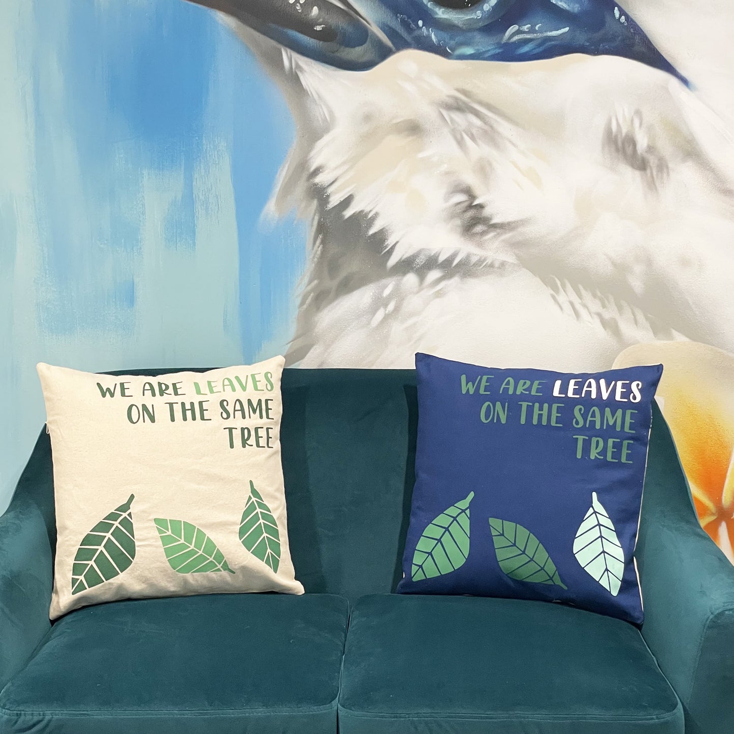 Printed Cotton Cushion Cover - We are Leaves - Blue