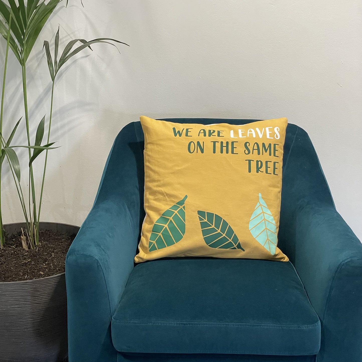 Printed Cotton Cushion Cover - We are Leaves - Yellow