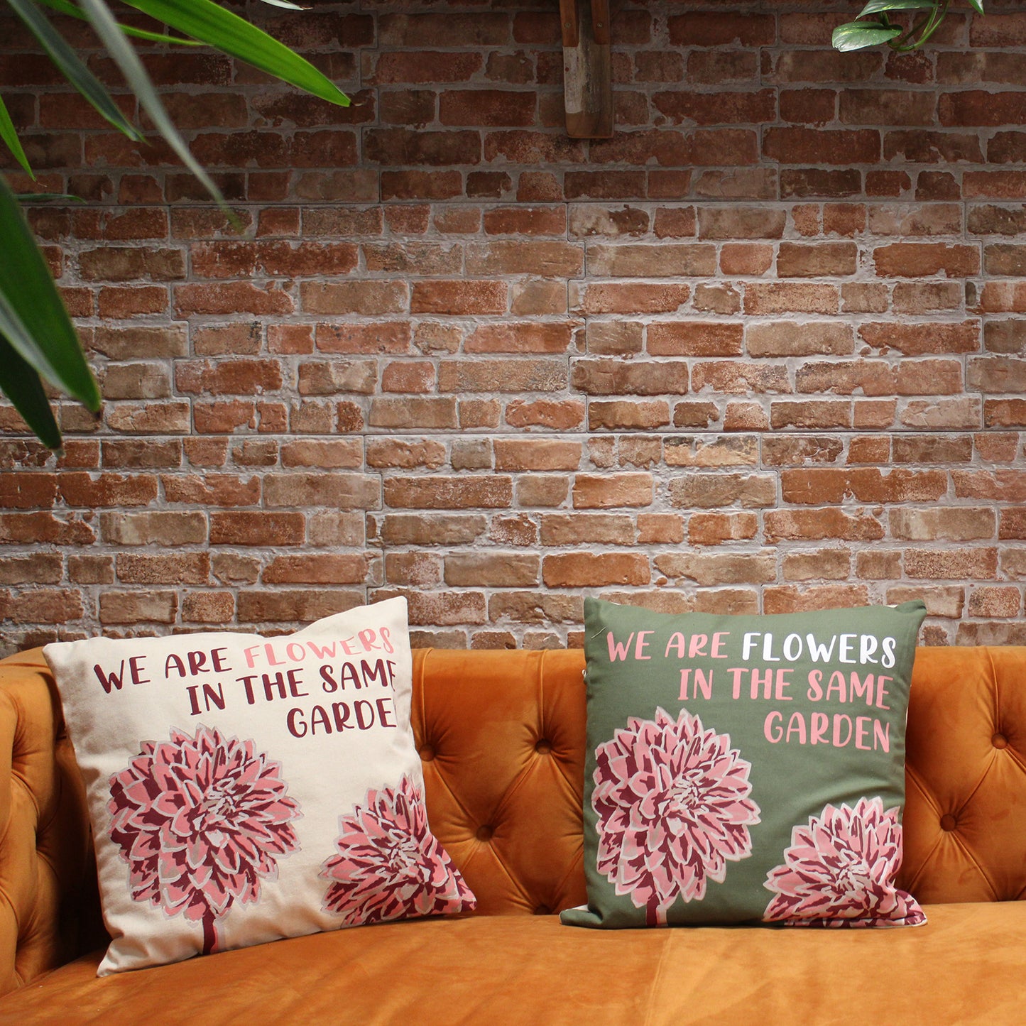 Printed Cotton Cushion Cover - We are Flowers - Olive