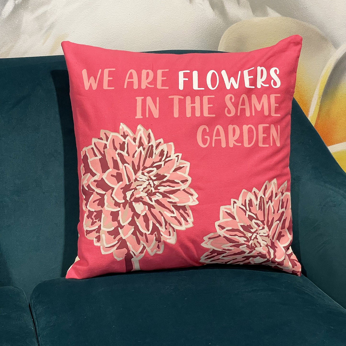 Printed Cotton Cushion Cover - We are Flowers - Olive