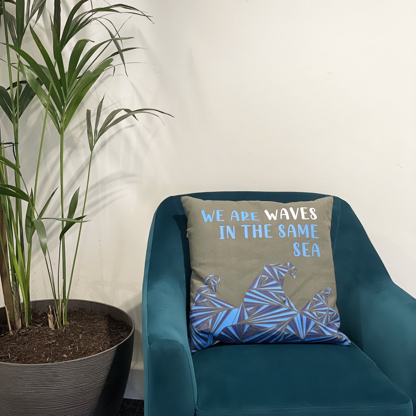 Printed Cotton Cushion Cover - We are Waves - Blue