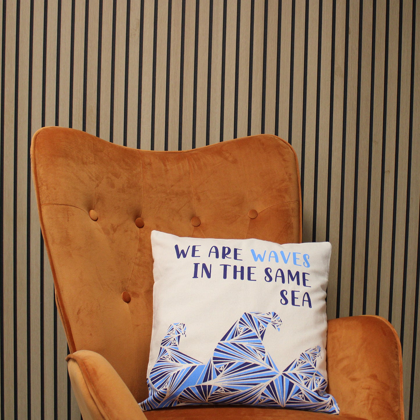 Printed Cotton Cushion Cover - We are Waves - Blue