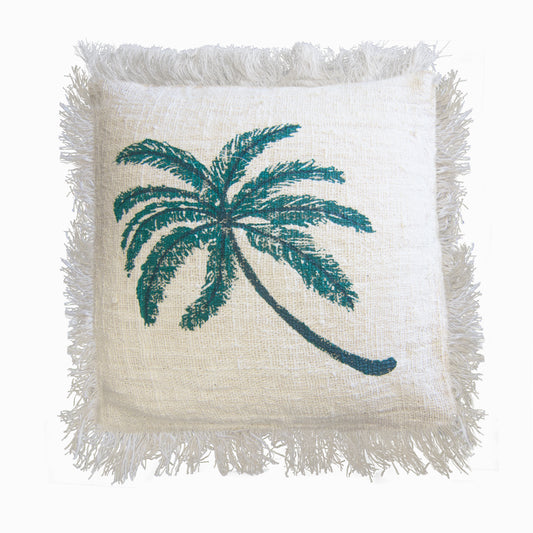 Linen Cushion 45 x 45 Palm Tree with Fringe