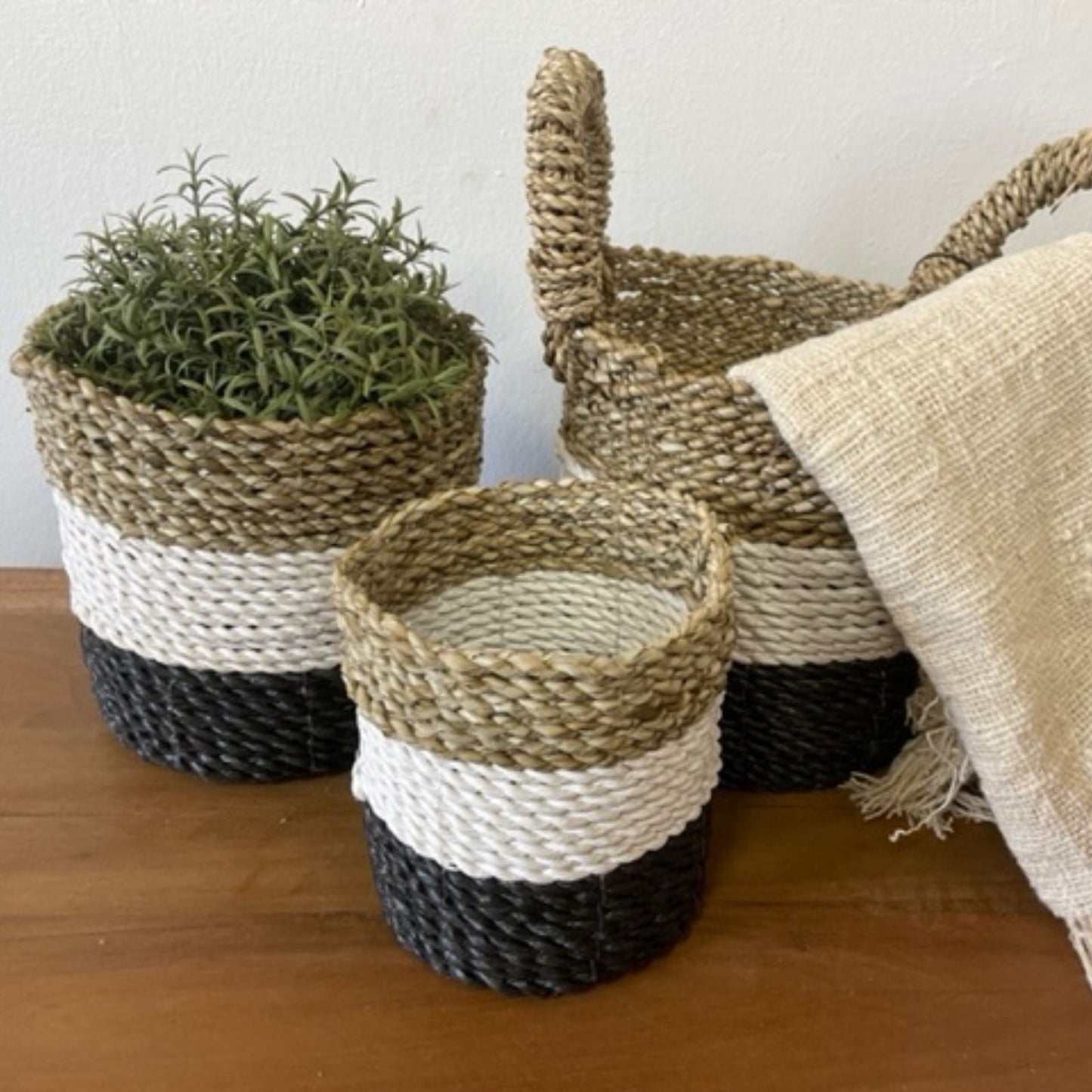 Seagrass Basket Set of 3 - Dark Grey / White / Natural