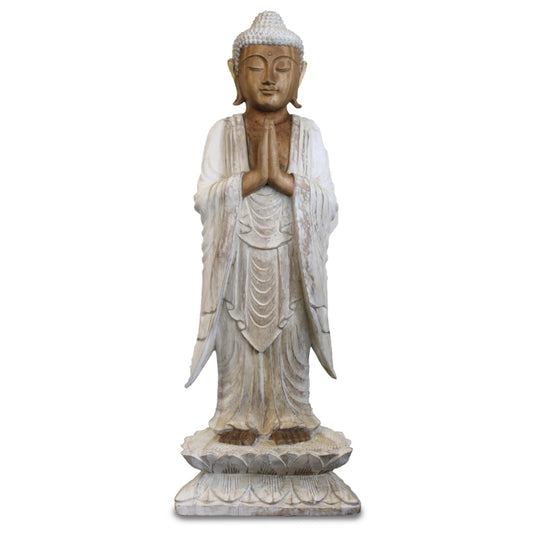 Hand Carved Buddha Statue - 100 cm Welcome - Whitewash