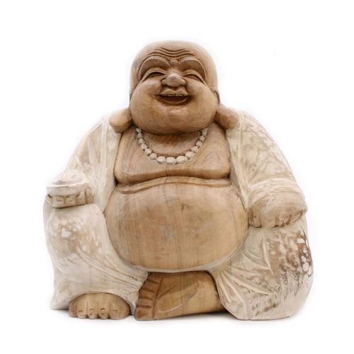 Hand Carved Buddha Statue - 30cm Happy - Whitewash
