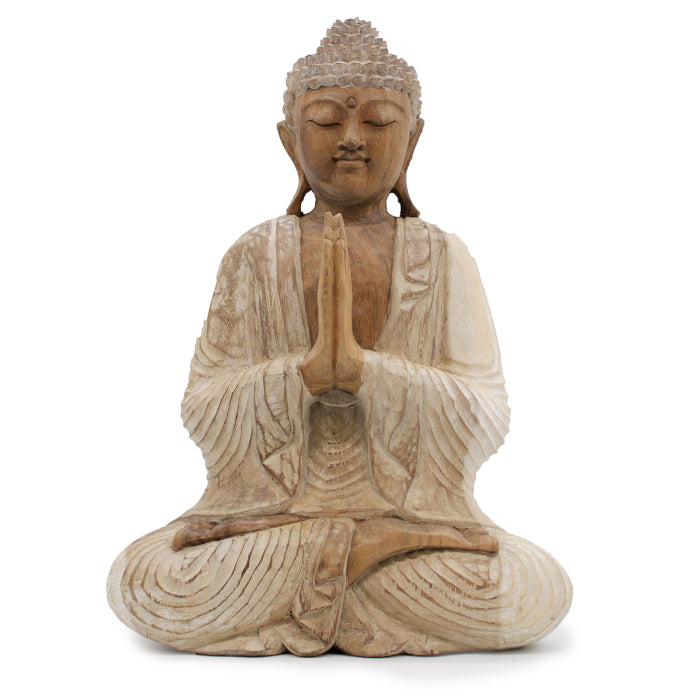 Hand Carved Buddha Statue - 40cm Welcome - Whitewash