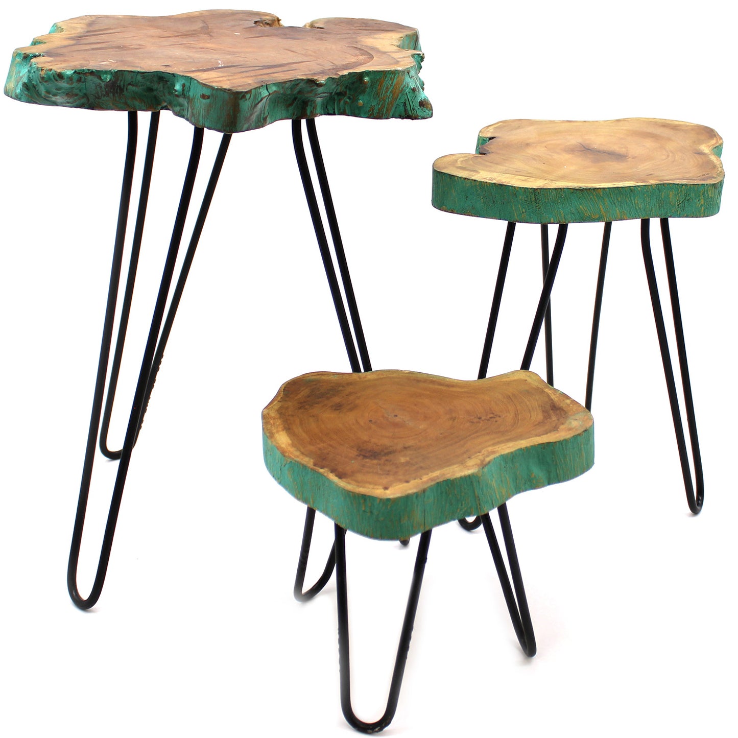 Set of 3 Gamell Wood Side-Tables / Plant Stands - Greenwash