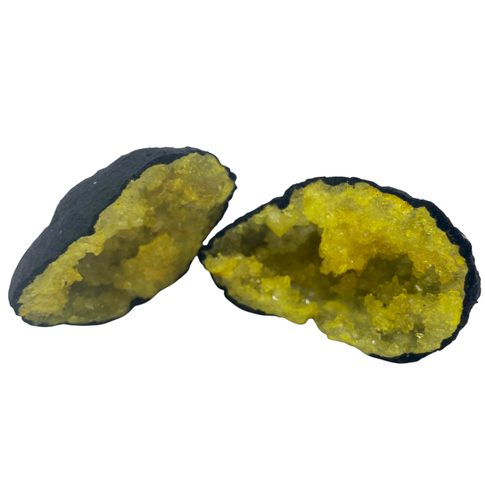 Coloured Calcite Geodes - Black Rock - Yellow