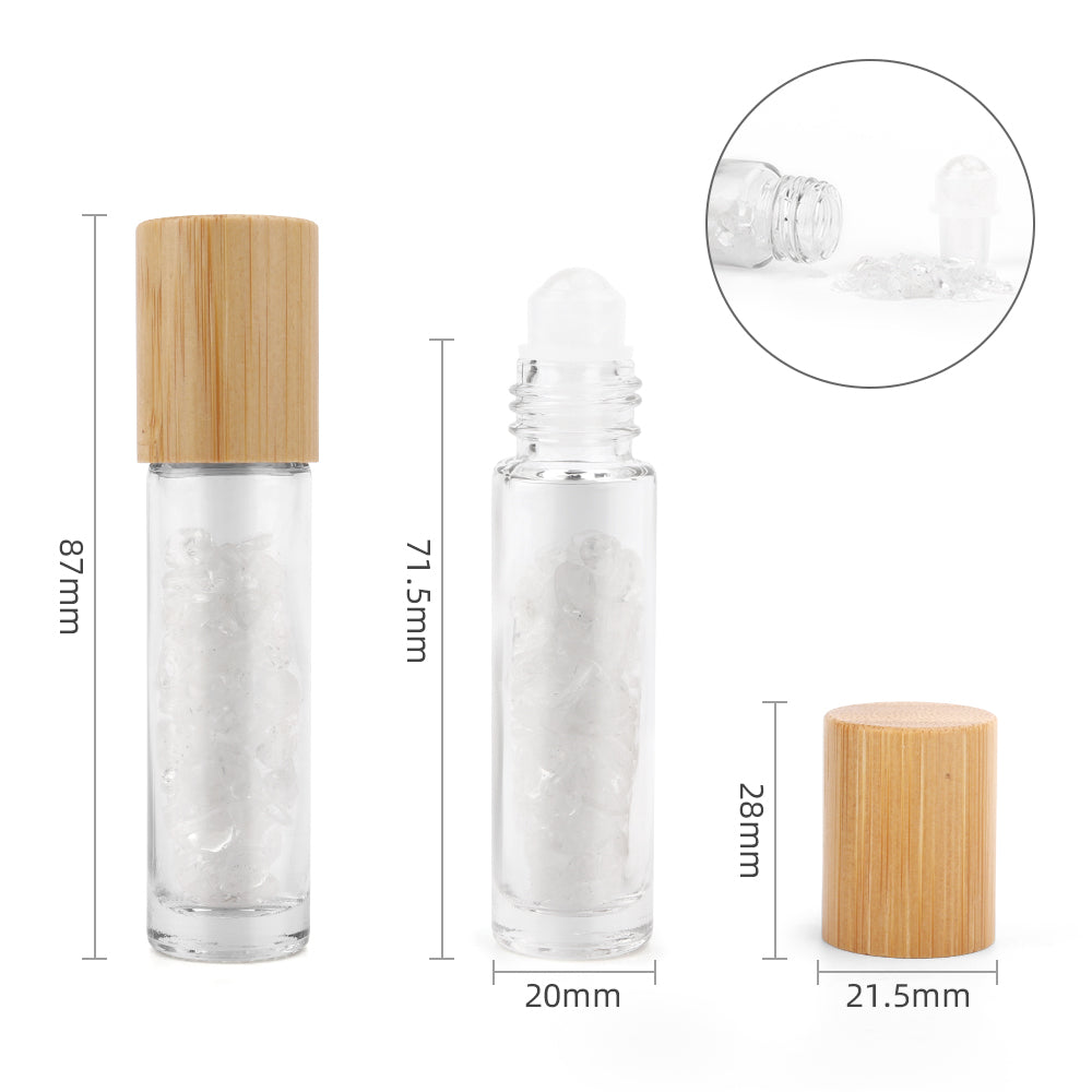 Gemstone Essential Oil Roller Bottle - Clear Quartz  - Wooden Cap