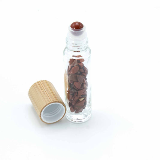 Gemstone Essential Oil Roller Bottle - Red Jasper  - Wooden Cap