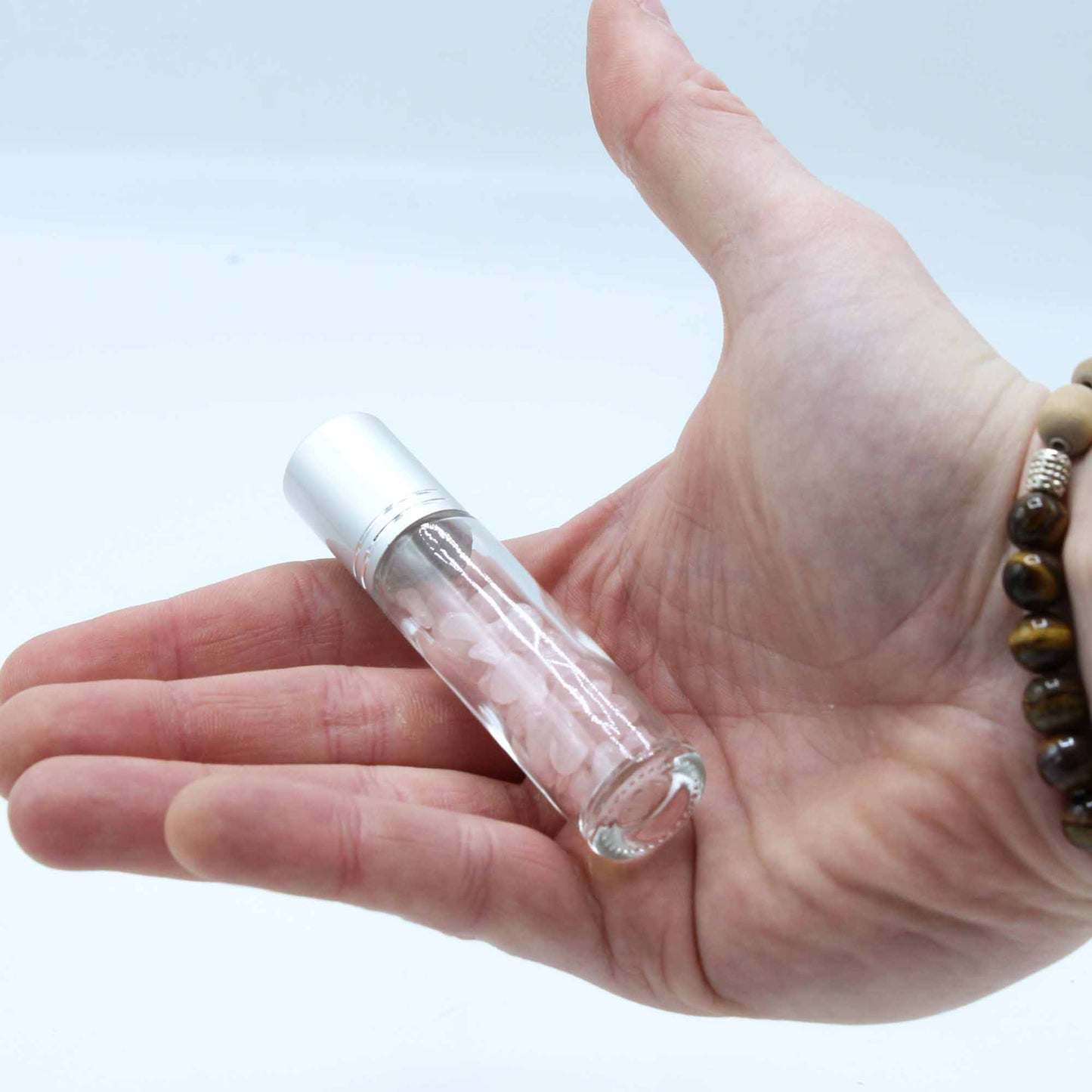 Gemstone Essential Oil Roller Bottle - Clear Quartz  - Wooden Cap