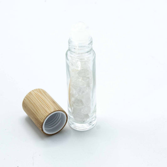 Gemstone Essential Oil Roller Bottle - Clear Quartz  - Wooden Cap