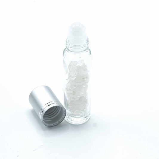 Gemstone Essential Oil Roller Bottle - Clear Quartz  - Silver Cap