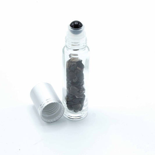 Gemstone Essential Oil Roller Bottle - Black Tourmaline  - Silver Cap