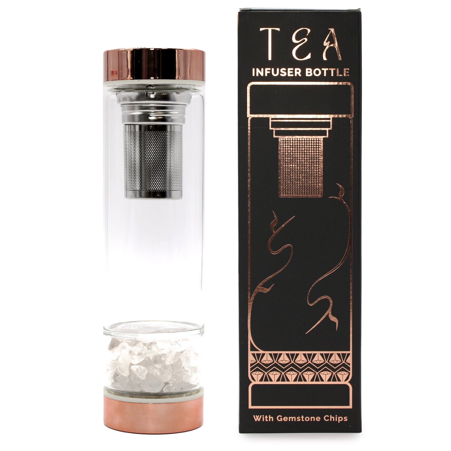 Crystal Glass Tea Infuser Bottle - Rose Gold - Clear Quartz